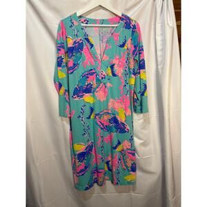 Lilly Pulitzer Blue Underwater Patterned Popover V-Neck T-Shirt Dress XL